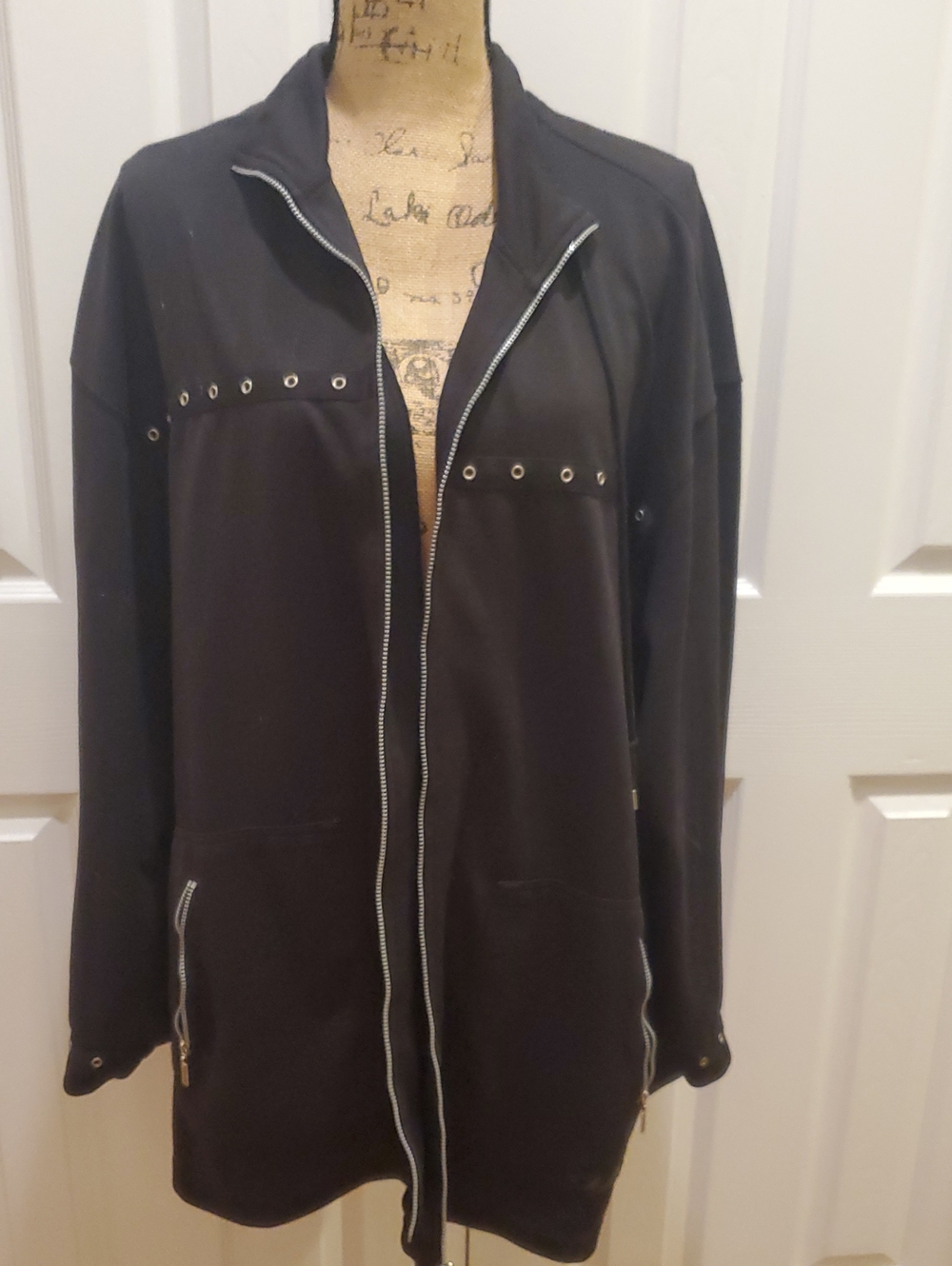 Black Long Zip-Front Woman's Jacket with Eyelet Detail